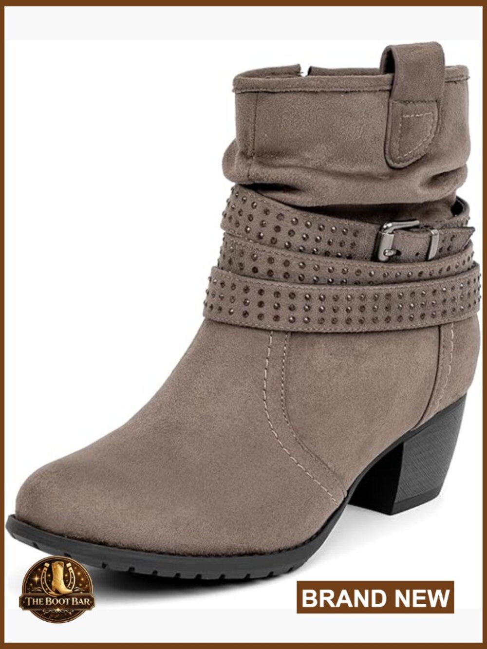 Mid Calf Boots, Low Heel Slouchy Booties with Jeweled Strap